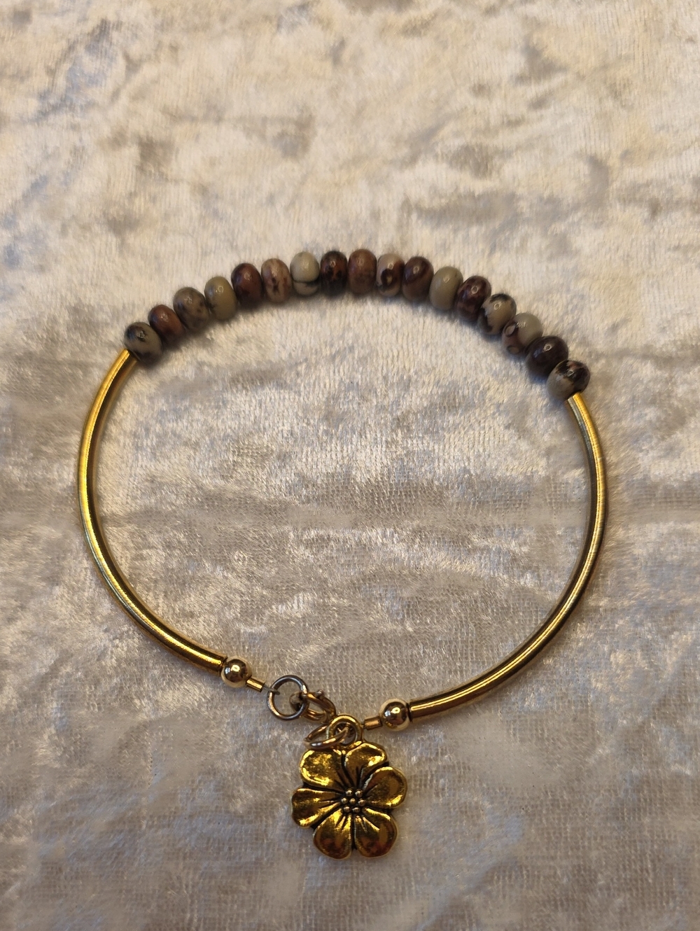 Gold-Tone Boho-chic Earthy Beaded Bracelet W Brown Stone Beads & Flower Charm